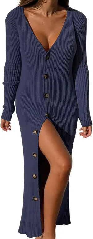 ebossy Women's Ribbed Slim Long Knit Cardigan Sweater Sexy V Neck Button Down Crochet Maxi Dress Trench Coat