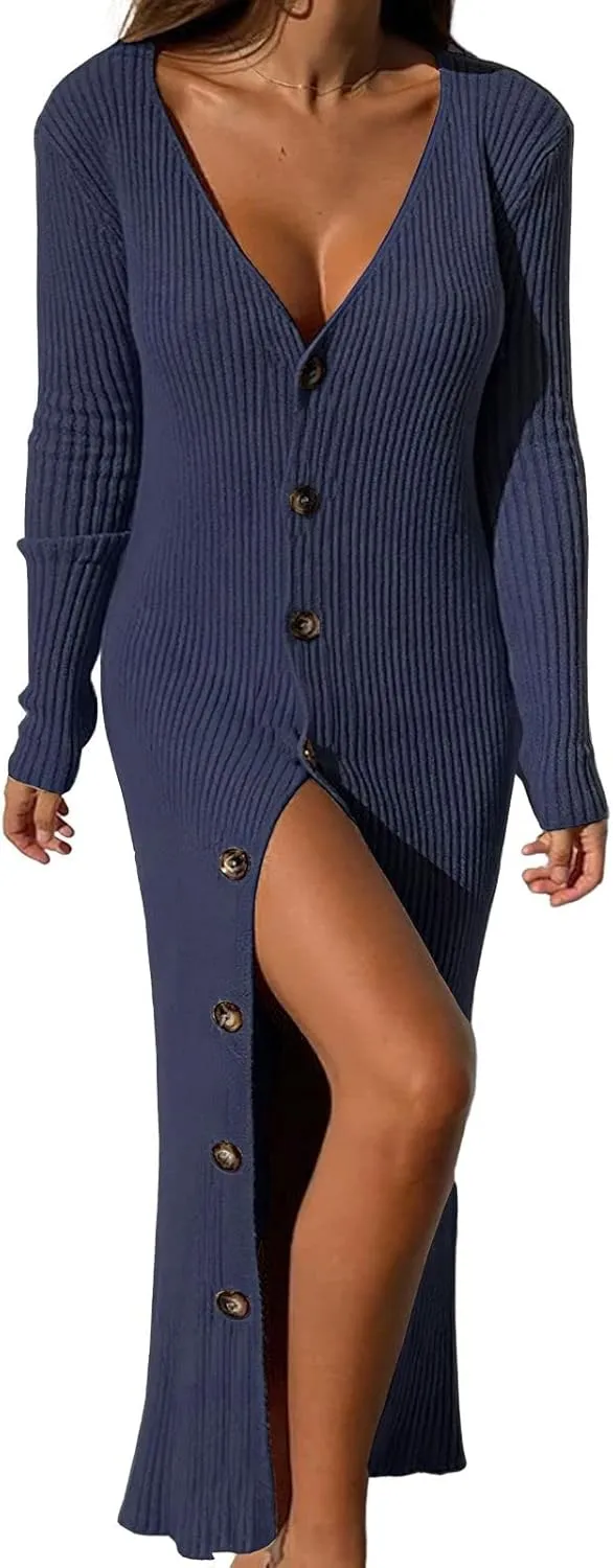 ebossy Women's Ribbed Slim Long Knit Cardigan Sweater Sexy V Neck Button Down Crochet Maxi Dress Trench Coat