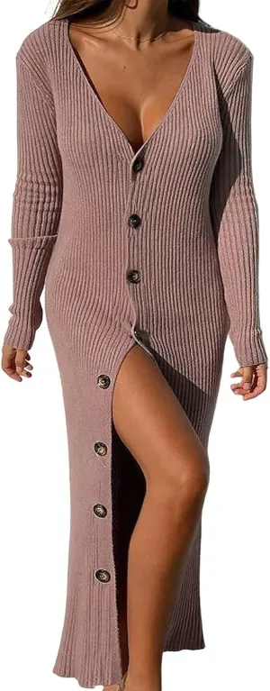 ebossy Women's Ribbed Slim Long Knit Cardigan Sweater Sexy V Neck Button Down Crochet Maxi Dress Trench Coat
