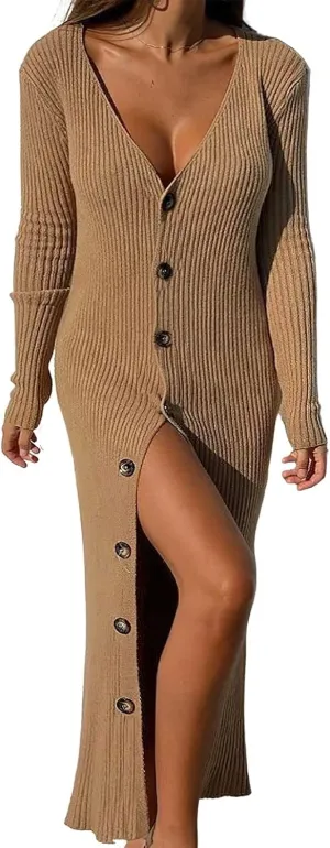 ebossy Women's Ribbed Slim Long Knit Cardigan Sweater Sexy V Neck Button Down Crochet Maxi Dress Trench Coat