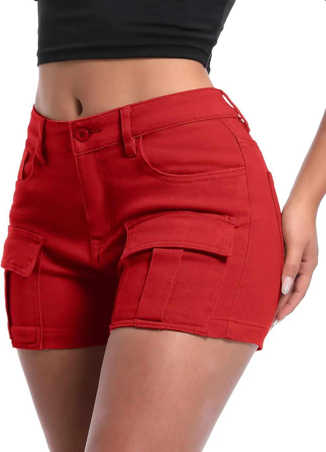 ELLEVEN High-Stretch Women's Cargo Jean Shorts, Trendy High-Waisted Cotton Denim Shorts with Pockets, Y2K Mini Denim Shorts