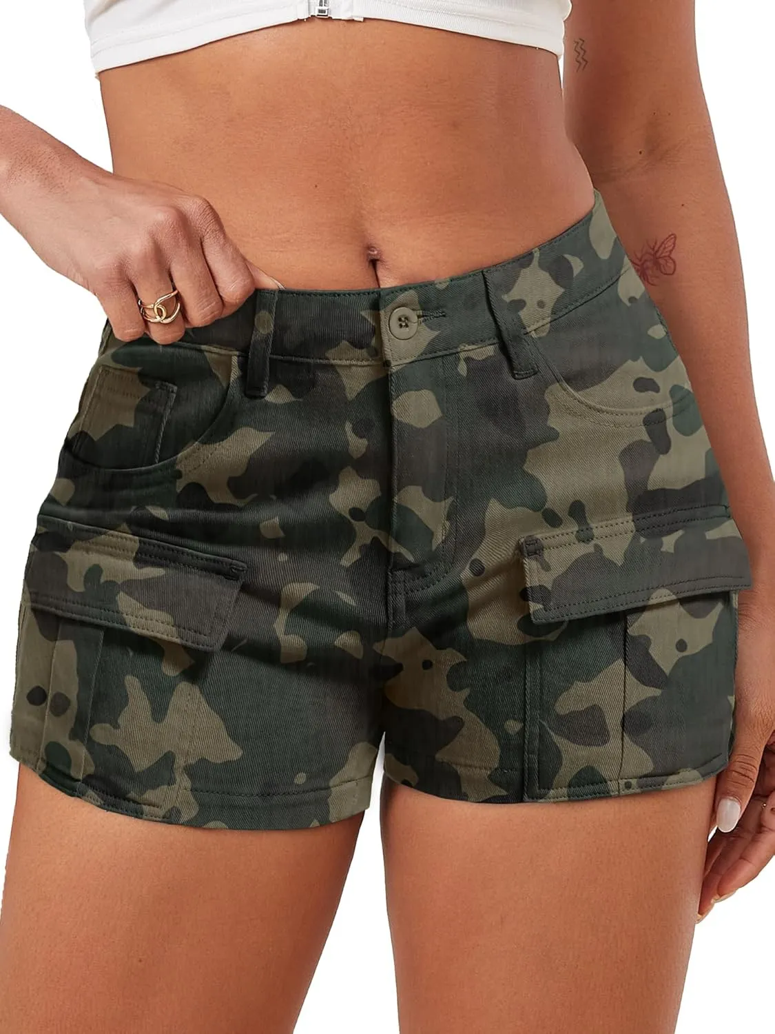 ELLEVEN High-Stretch Women's Cargo Jean Shorts, Trendy High-Waisted Cotton Denim Shorts with Pockets, Y2K Mini Denim Shorts