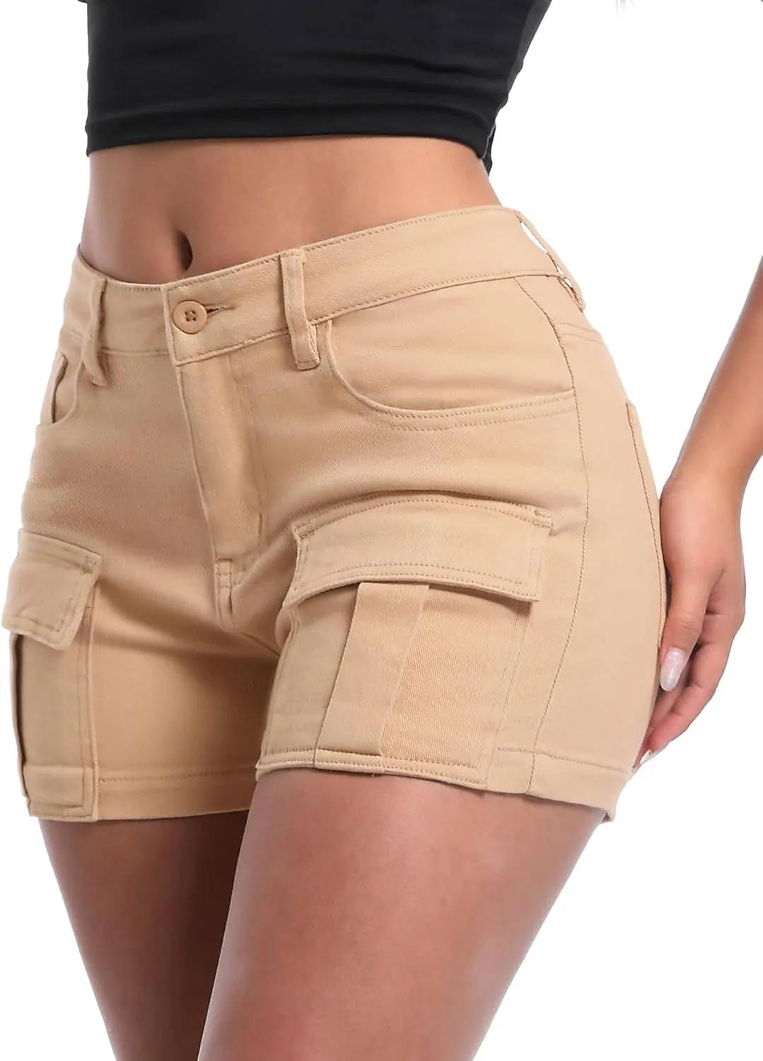 ELLEVEN High-Stretch Women's Cargo Jean Shorts, Trendy High-Waisted Cotton Denim Shorts with Pockets, Y2K Mini Denim Shorts