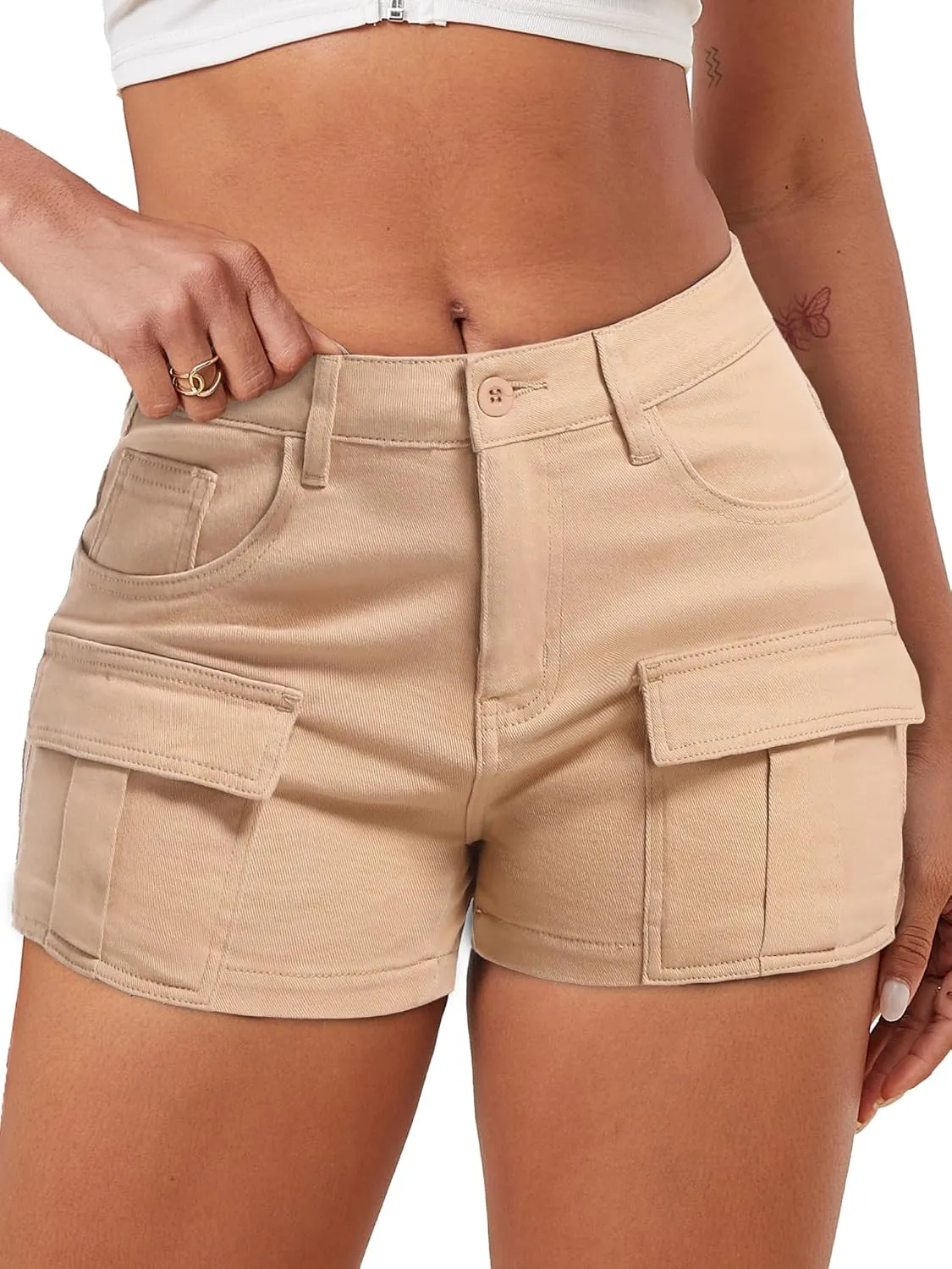 ELLEVEN High-Stretch Women's Cargo Jean Shorts, Trendy High-Waisted Cotton Denim Shorts with Pockets, Y2K Mini Denim Shorts