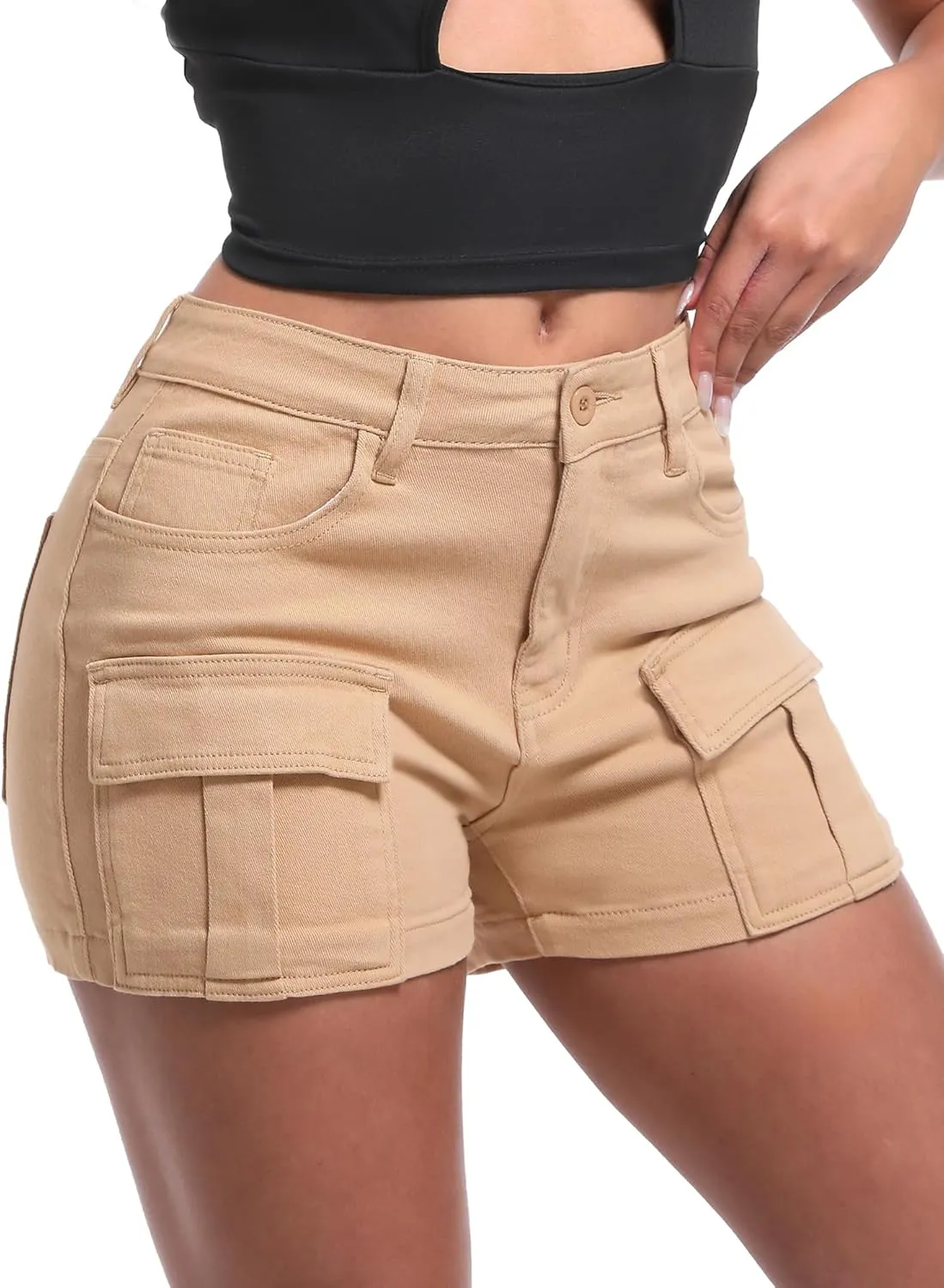 ELLEVEN High-Stretch Women's Cargo Jean Shorts, Trendy High-Waisted Cotton Denim Shorts with Pockets, Y2K Mini Denim Shorts
