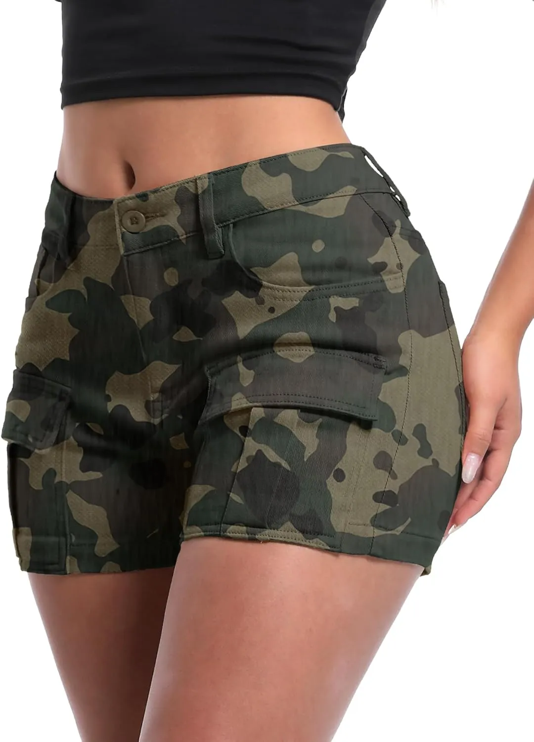 ELLEVEN High-Stretch Women's Cargo Jean Shorts, Trendy High-Waisted Cotton Denim Shorts with Pockets, Y2K Mini Denim Shorts