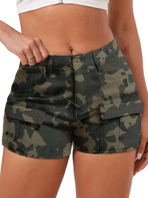 ELLEVEN High-Stretch Women's Cargo Jean Shorts, Trendy High-Waisted Cotton Denim Shorts with Pockets, Y2K Mini Denim Shorts