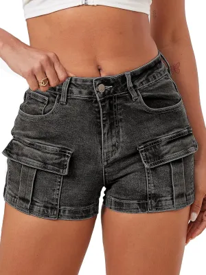 ELLEVEN High-Stretch Women's Cargo Jean Shorts, Trendy High-Waisted Cotton Denim Shorts with Pockets, Y2K Mini Denim Shorts