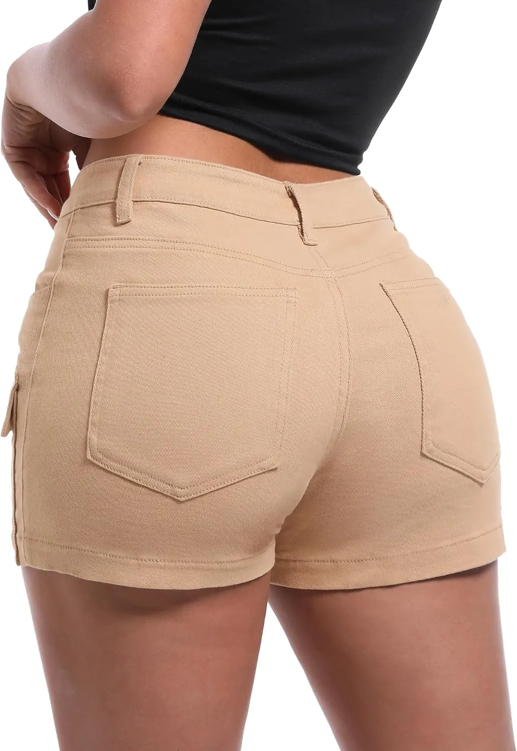 ELLEVEN High-Stretch Women's Cargo Jean Shorts, Trendy High-Waisted Cotton Denim Shorts with Pockets, Y2K Mini Denim Shorts