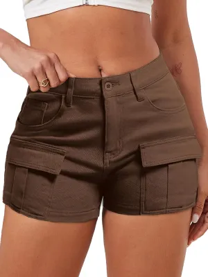 ELLEVEN High-Stretch Women's Cargo Jean Shorts, Trendy High-Waisted Cotton Denim Shorts with Pockets, Y2K Mini Denim Shorts