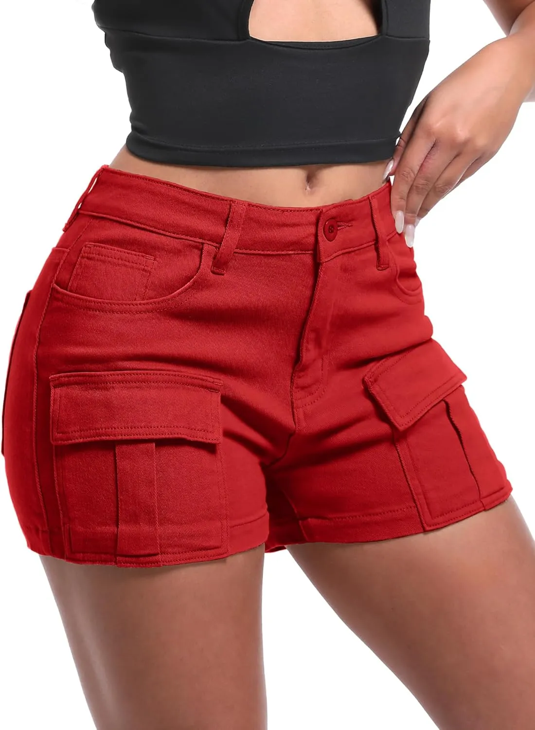 ELLEVEN High-Stretch Women's Cargo Jean Shorts, Trendy High-Waisted Cotton Denim Shorts with Pockets, Y2K Mini Denim Shorts