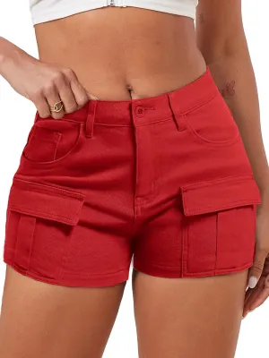 ELLEVEN High-Stretch Women's Cargo Jean Shorts, Trendy High-Waisted Cotton Denim Shorts with Pockets, Y2K Mini Denim Shorts