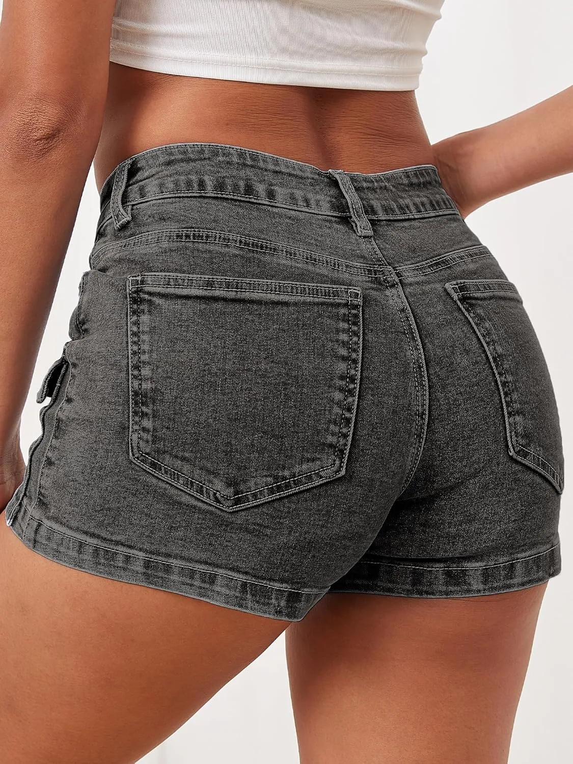ELLEVEN High-Stretch Women's Cargo Jean Shorts, Trendy High-Waisted Cotton Denim Shorts with Pockets, Y2K Mini Denim Shorts
