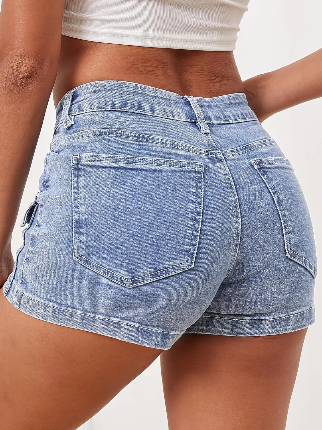 ELLEVEN High-Stretch Women's Cargo Jean Shorts, Trendy High-Waisted Cotton Denim Shorts with Pockets, Y2K Mini Denim Shorts