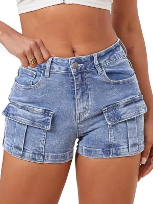 ELLEVEN High-Stretch Women's Cargo Jean Shorts, Trendy High-Waisted Cotton Denim Shorts with Pockets, Y2K Mini Denim Shorts