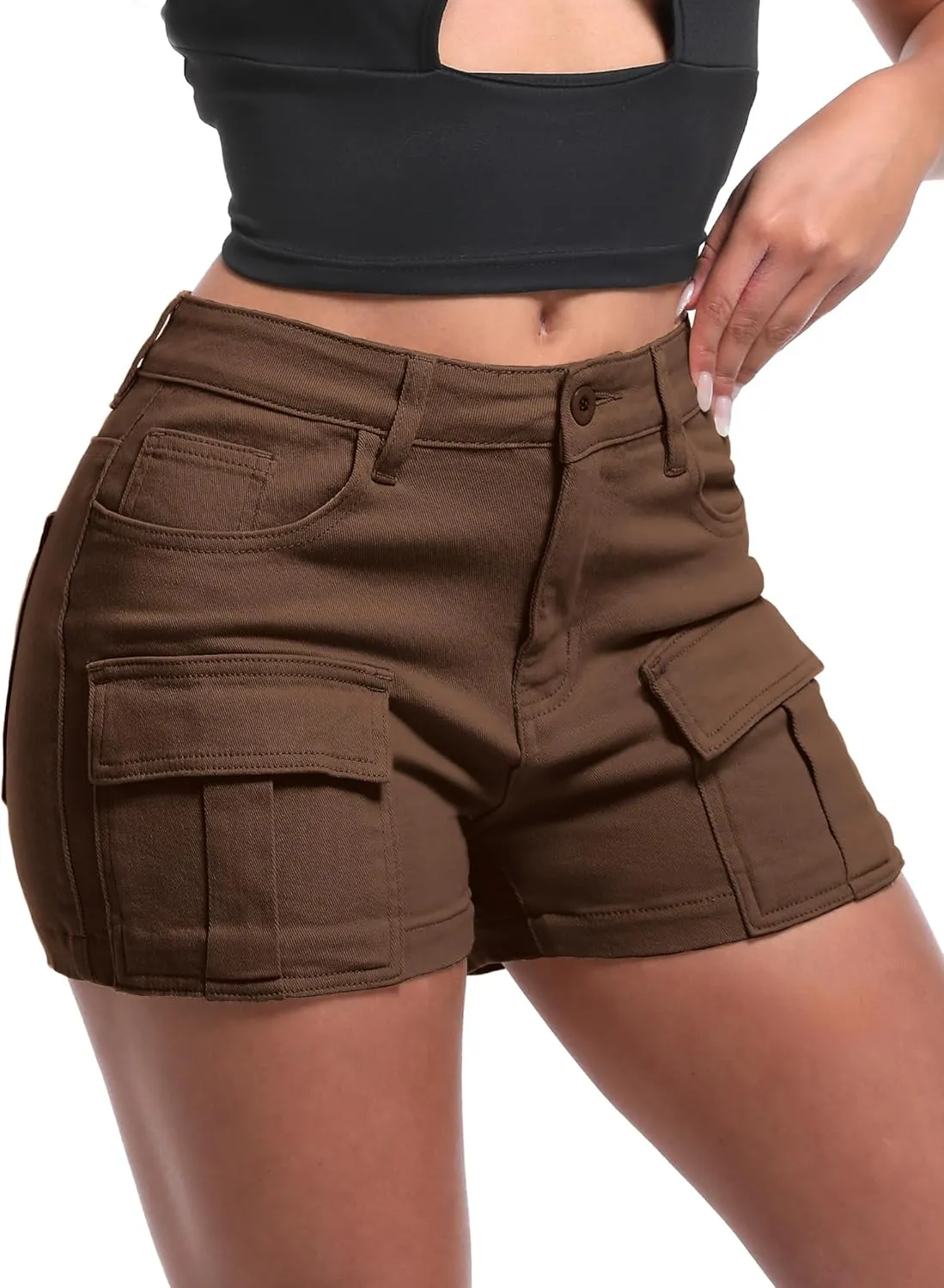 ELLEVEN High-Stretch Women's Cargo Jean Shorts, Trendy High-Waisted Cotton Denim Shorts with Pockets, Y2K Mini Denim Shorts