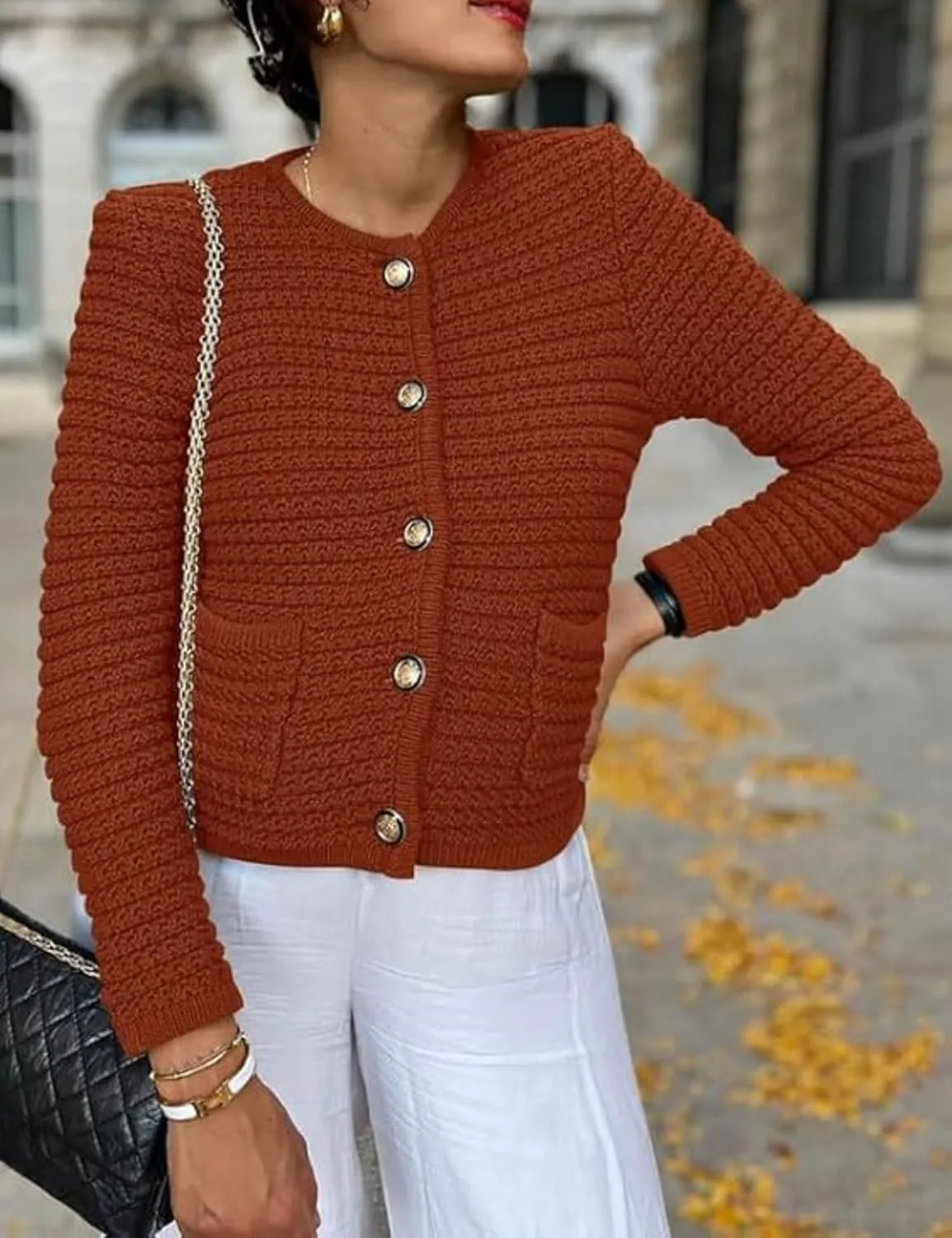 Esmeling Women’s Crew Neck Button Knit Cardigan Sweaters Long Sleeve Fall Lightweight Cardigans Outerwear with Pockets
