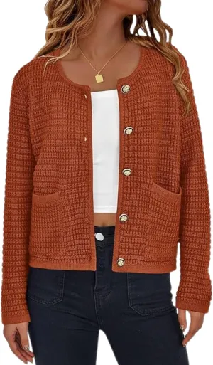Esmeling Women’s Crew Neck Button Knit Cardigan Sweaters Long Sleeve Fall Lightweight Cardigans Outerwear with Pockets