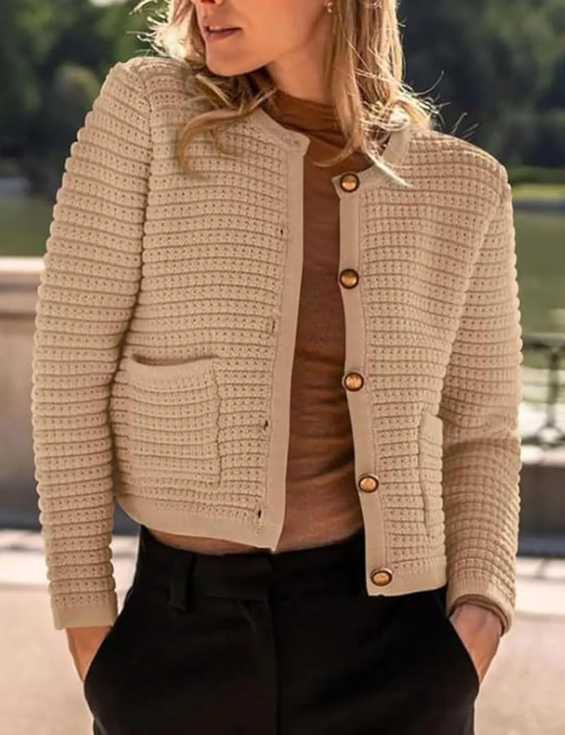 Esmeling Women’s Crew Neck Button Knit Cardigan Sweaters Long Sleeve Fall Lightweight Cardigans Outerwear with Pockets