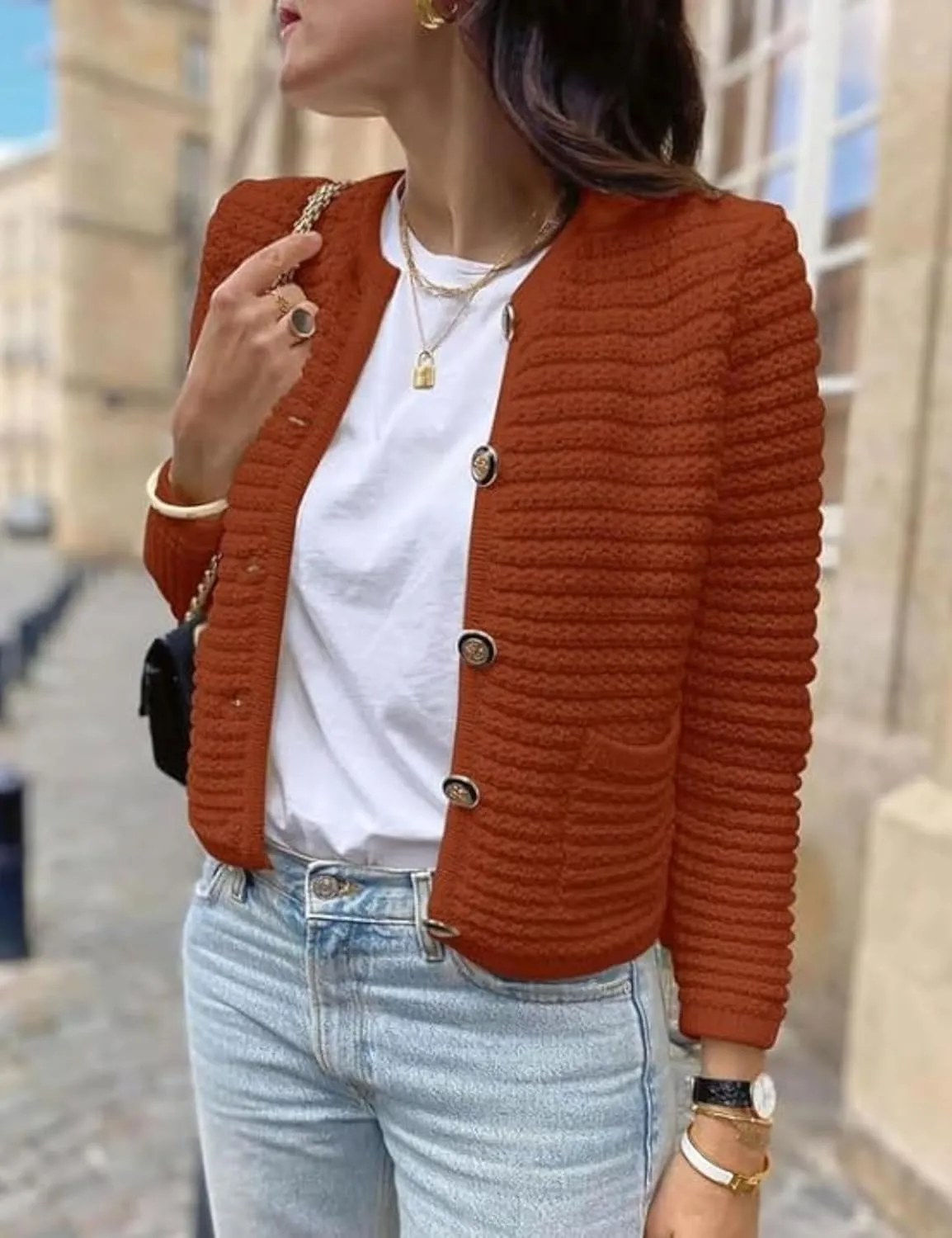 Esmeling Women’s Crew Neck Button Knit Cardigan Sweaters Long Sleeve Fall Lightweight Cardigans Outerwear with Pockets