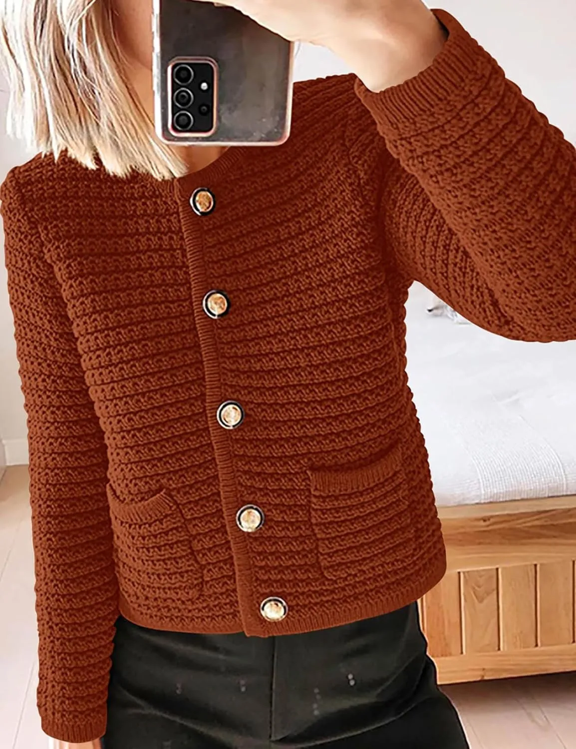Esmeling Women’s Crew Neck Button Knit Cardigan Sweaters Long Sleeve Fall Lightweight Cardigans Outerwear with Pockets