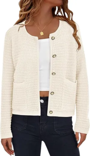 Esmeling Women’s Crew Neck Button Knit Cardigan Sweaters Long Sleeve Fall Lightweight Cardigans Outerwear with Pockets