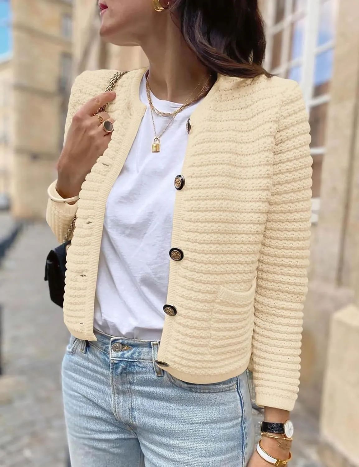 Esmeling Women’s Crew Neck Button Knit Cardigan Sweaters Long Sleeve Fall Lightweight Cardigans Outerwear with Pockets