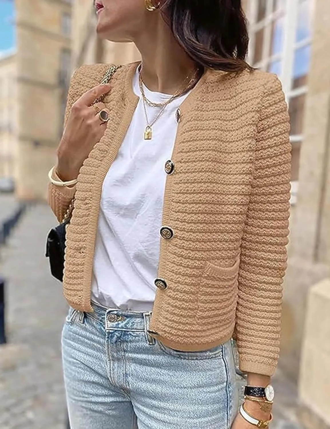 Esmeling Womens Crew Neck Button Knit Cardigan Sweaters Long Sleeve Fall Lightweight Cardigans Outerwear with Pockets