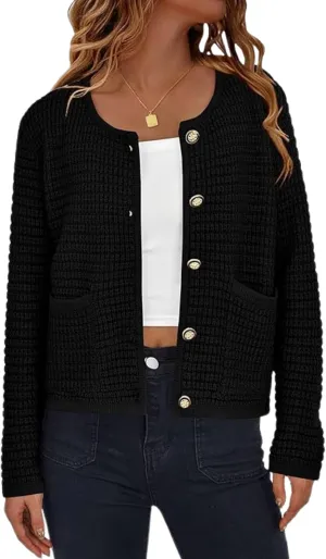 Esmeling Women’s Crew Neck Button Knit Cardigan Sweaters Long Sleeve Fall Lightweight Cardigans Outerwear with Pockets