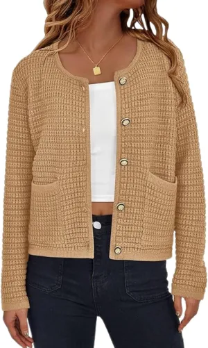 Esmeling Womens Crew Neck Button Knit Cardigan Sweaters Long Sleeve Fall Lightweight Cardigans Outerwear with Pockets