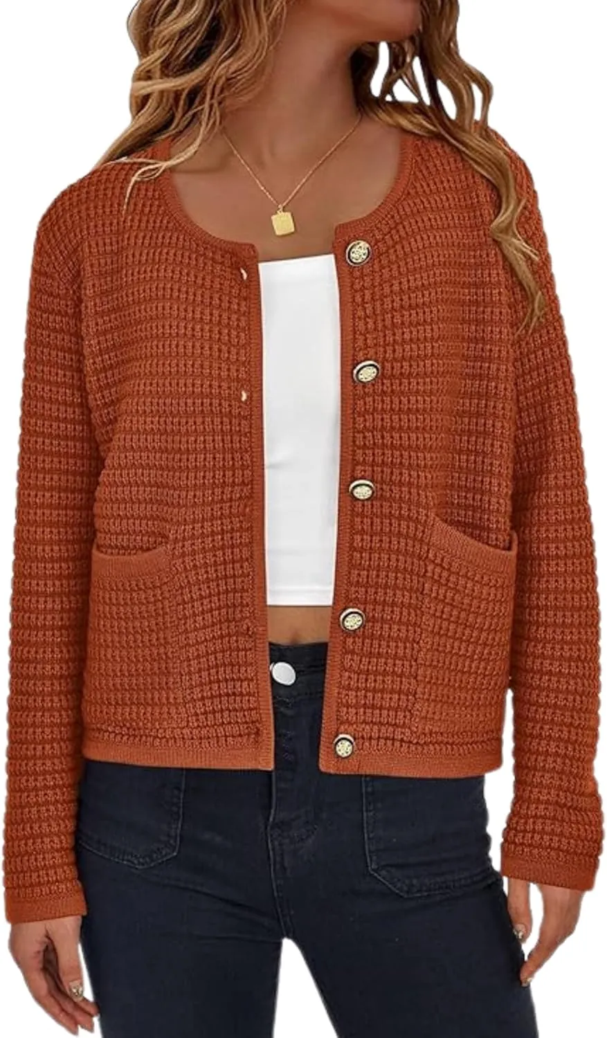 Esmeling Women’s Crew Neck Button Knit Cardigan Sweaters Long Sleeve Fall Lightweight Cardigans Outerwear with Pockets