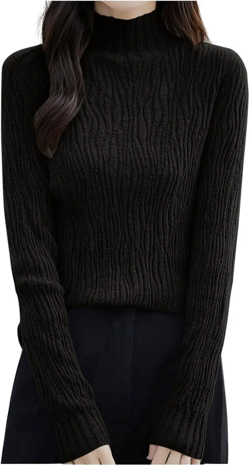Fall Sweaters for Women Mock Turtleneck Top Dressy Cable Knit Long Sleeve Crew Neck Oversized Sweater Chunky Pullover
