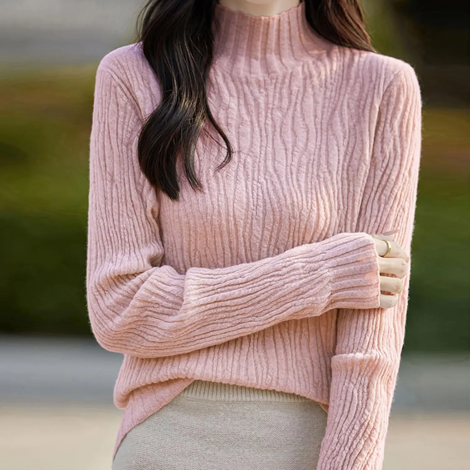 Fall Sweaters for Women Mock Turtleneck Top Dressy Cable Knit Long Sleeve Crew Neck Oversized Sweater Chunky Pullover