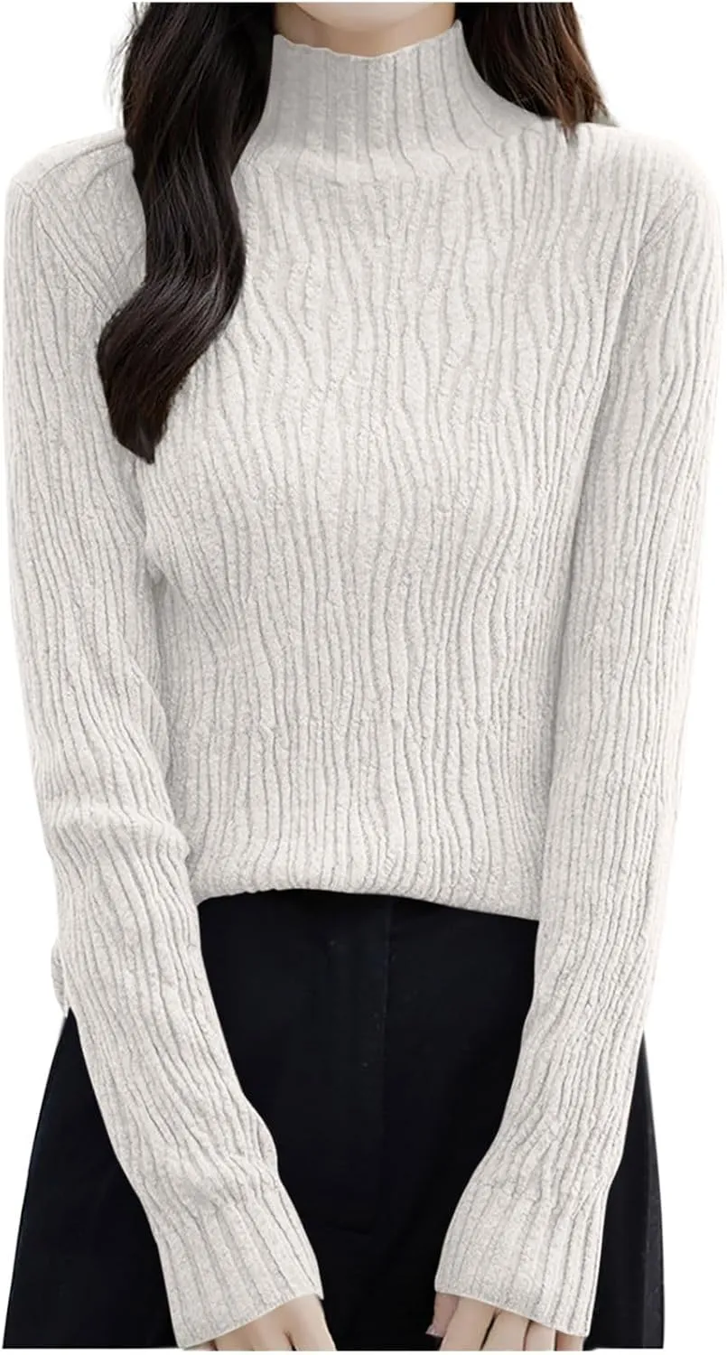 Fall Sweaters for Women Mock Turtleneck Top Dressy Cable Knit Long Sleeve Crew Neck Oversized Sweater Chunky Pullover