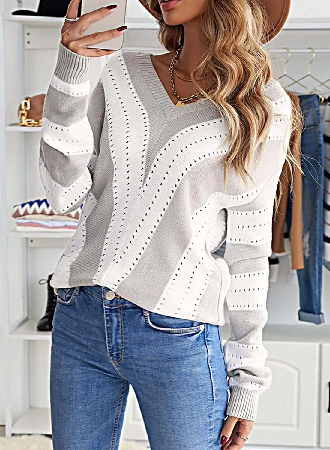 FEKOAFE Womens 2025 Deep V Neck Sweaters Striped Long Sleeve Knit Pullover Sweaters for Women