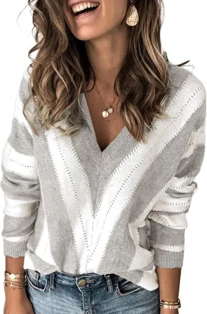 FEKOAFE Womens 2025 Deep V Neck Sweaters Striped Long Sleeve Knit Pullover Sweaters for Women