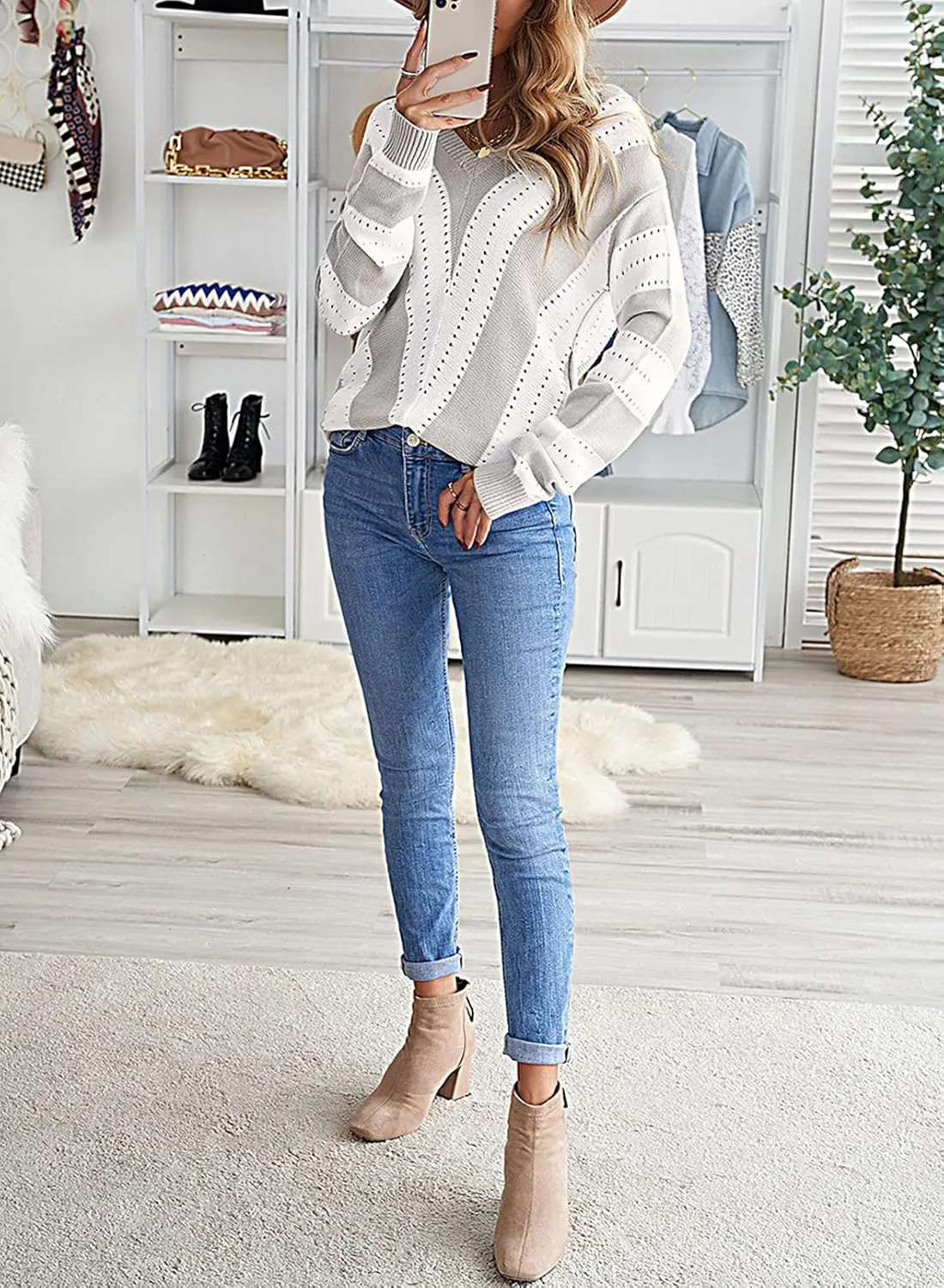 FEKOAFE Womens 2025 Deep V Neck Sweaters Striped Long Sleeve Knit Pullover Sweaters for Women