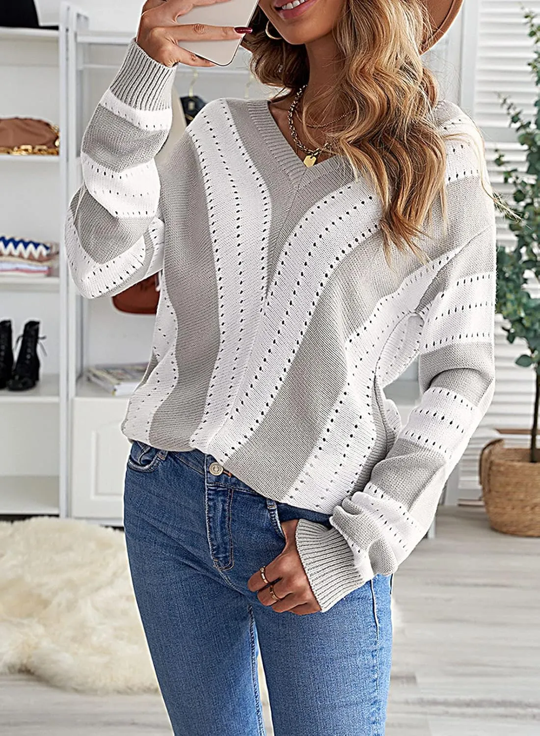 FEKOAFE Womens 2025 Deep V Neck Sweaters Striped Long Sleeve Knit Pullover Sweaters for Women