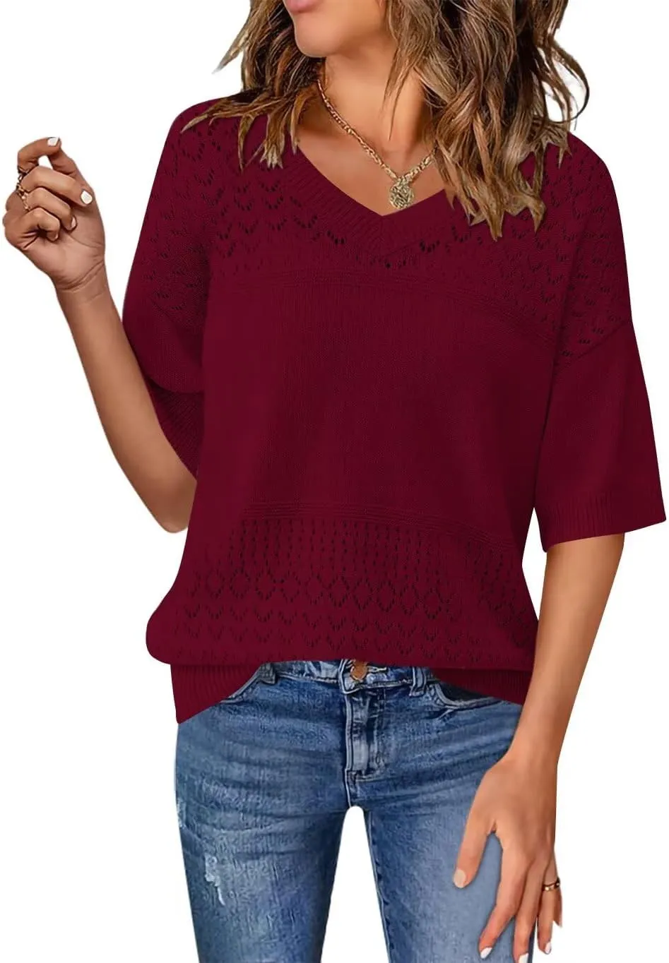 FEKOAFE Womens Short Sleeve Sweaters 2025 Spring Summer V Neck Hollow Knit Pullover Sweaters for Women