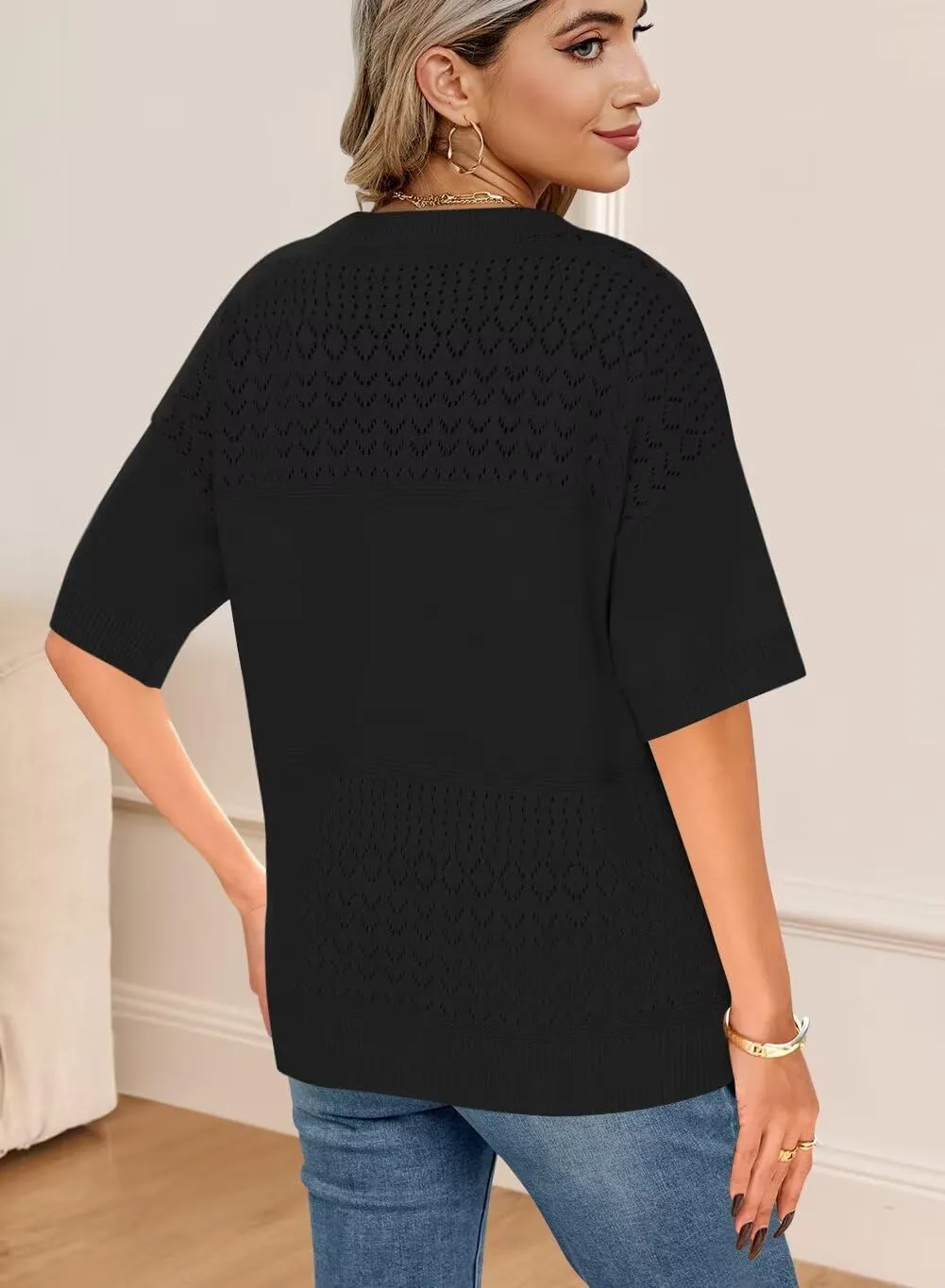 FEKOAFE Womens Short Sleeve Sweaters 2025 Spring Summer V Neck Hollow Knit Pullover Sweaters for Women