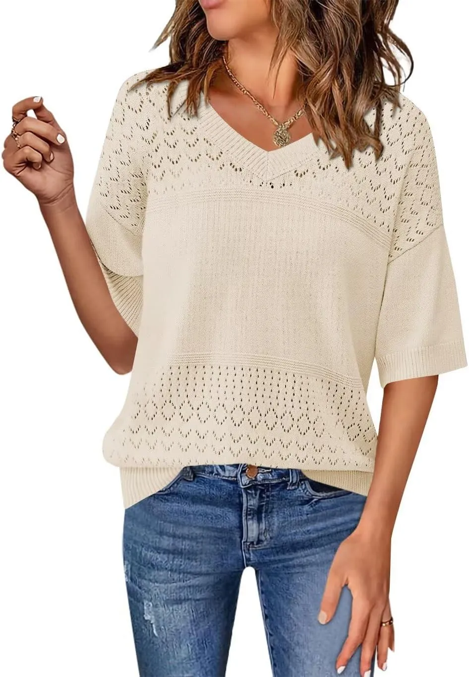FEKOAFE Womens Short Sleeve Sweaters 2025 Spring Summer V Neck Hollow Knit Pullover Sweaters for Women