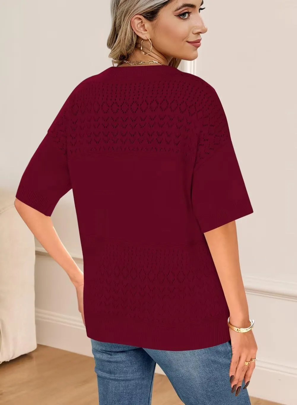 FEKOAFE Womens Short Sleeve Sweaters 2025 Spring Summer V Neck Hollow Knit Pullover Sweaters for Women