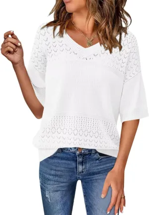 FEKOAFE Womens Short Sleeve Sweaters 2025 Spring Summer V Neck Hollow Knit Pullover Sweaters for Women