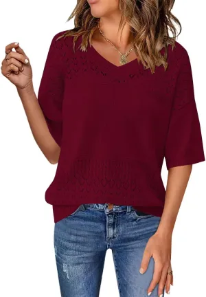 FEKOAFE Womens Short Sleeve Sweaters 2025 Spring Summer V Neck Hollow Knit Pullover Sweaters for Women