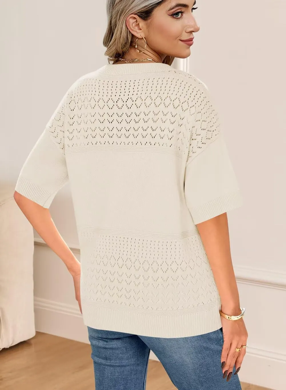 FEKOAFE Womens Short Sleeve Sweaters 2025 Spring Summer V Neck Hollow Knit Pullover Sweaters for Women