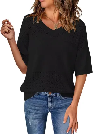 FEKOAFE Womens Short Sleeve Sweaters 2025 Spring Summer V Neck Hollow Knit Pullover Sweaters for Women