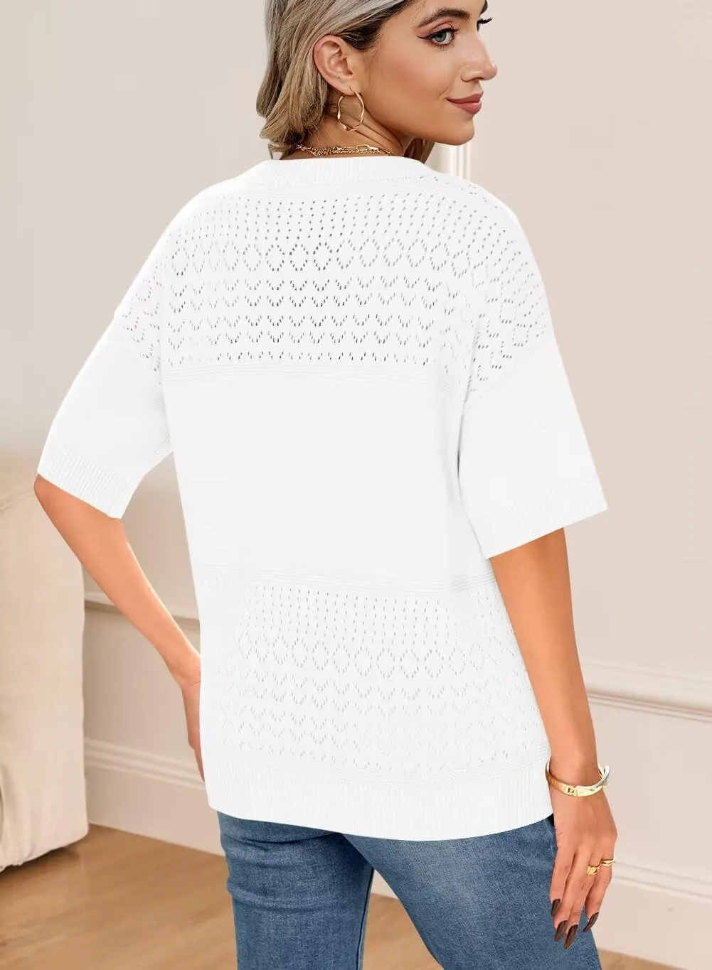 FEKOAFE Womens Short Sleeve Sweaters 2025 Spring Summer V Neck Hollow Knit Pullover Sweaters for Women