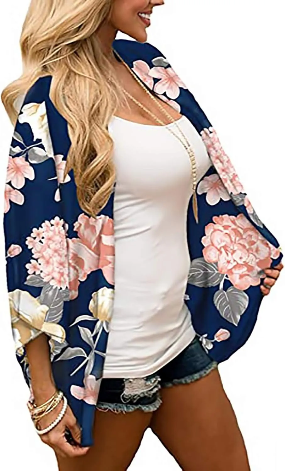 FINOCEANS Womens Floral Chiffon Kimono Cardigans Loose Beach Cover Up Half Sleeve Tops