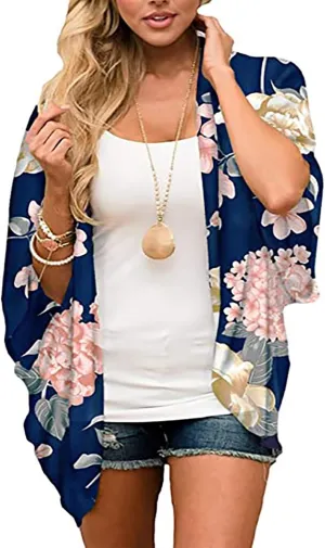 FINOCEANS Womens Floral Chiffon Kimono Cardigans Loose Beach Cover Up Half Sleeve Tops