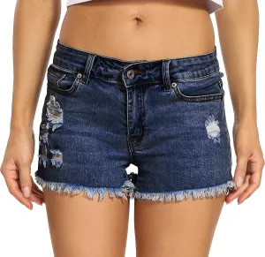 Foucome Women's Denim Shorts Summer Casual Low Waisted Frayed Raw Hem Ripped Denim Jean Shorts